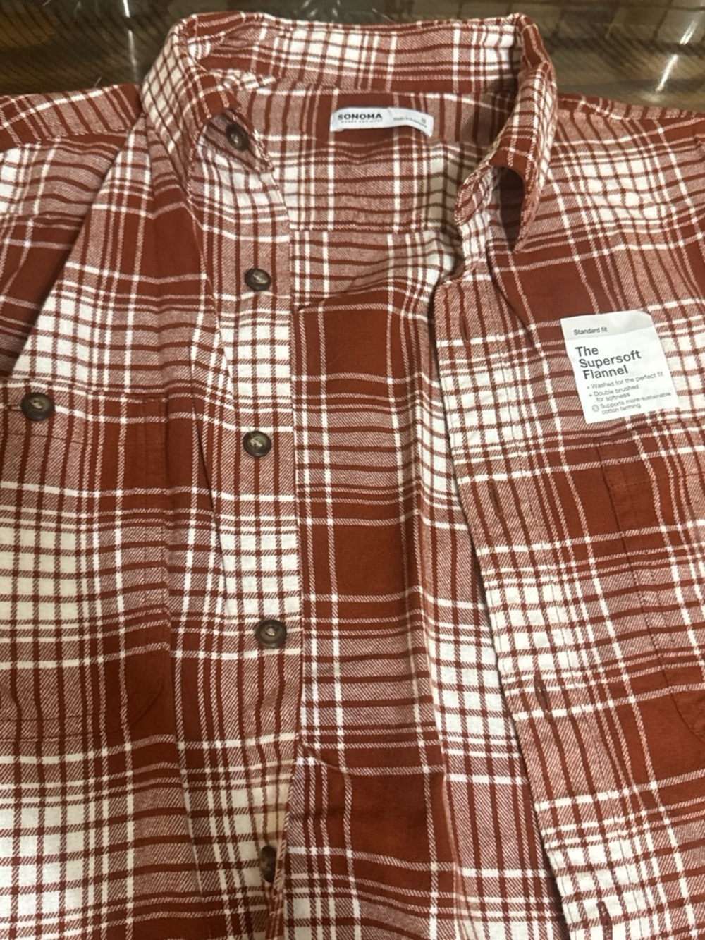 Sonoma Men's Rust and White Plaid Supersoft Flannel Shirt